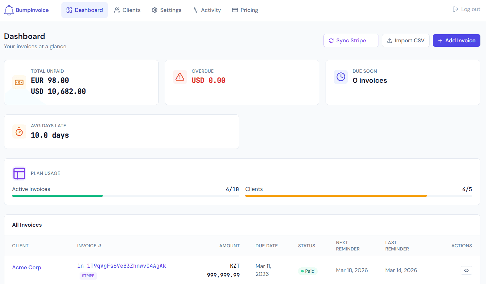 BumpInvoice Dashboard